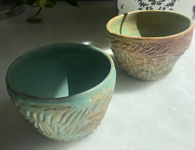 Set Of 2 Signed Joan Allyn Studio Modernist Art Pottery Vessels Incised Green  • $24