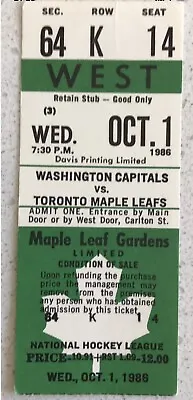 1986 Wed. Oct.1 Maple Leaf Garden Washington Vs Toronto Sec. 64 Row K Seat 14  • $19.99