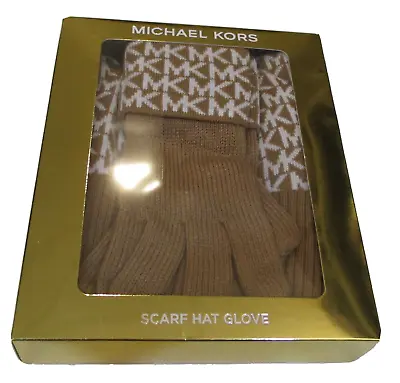 Genuine Michael Kors Camel Cream 3 Piece Scarf Hat & Gloves Set New In Gift Box • $49.90