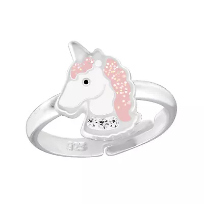 Childrens Girls 925 STERLING SILVER White Pink Glitter Unicorn Horse Ring Boxed • £7.99