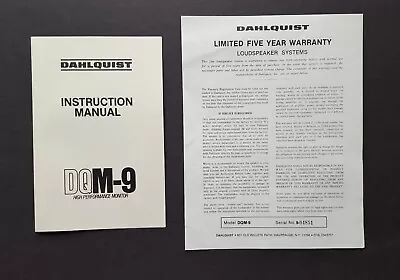 Original Dahlquist DQM-9 Speaker Monitor Instruction Manual & Warranty • $24.95