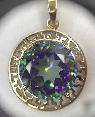 🛑 10k Yellow Gold 5 Ct Round Mystic Topaz Artisan Circle Coin Necklace Pendant • $219.50