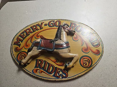 VTG MERRY GO ROUND RIDES 5 CENTS WOODEN 3D HORSE CIRCUS SIGN 29” X 21” 5 Cents • $190