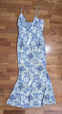 Millie Modelli Maxi Formal Dress Size M Blue And White Formal Gown Paisley NWOT • $35.99