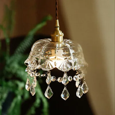French Style Vintage Small Chandelier Brass Crystal Glass Shade Pendant Light • $59.99