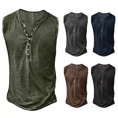 MENS VEST Cotton Linen TANK TOP SUMMER TRAINING MUSCLE GYM TOPS PACK PLAIN M-3XL • £12.70