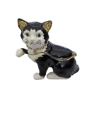 Vintage Black & White Cat Trinket Box Enamel Jeweled Rhinestones Hinged 3  • $29.99