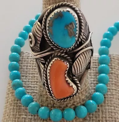 Old Pawn Vintage Tarnished Sterling Silver NAVAJO Coral & Kingman Turquoise Ring • $23