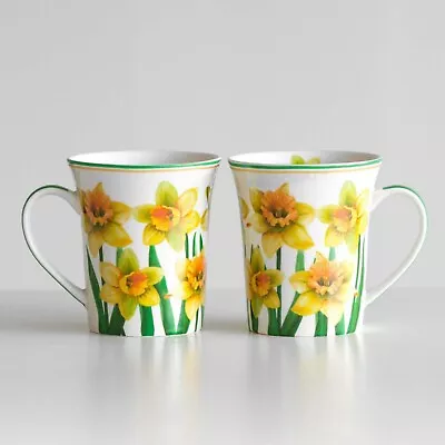 2 Fine China Daffodil Mugs Gift Boxed Floral Flower  Present Mug Set Coffee Tea • £11.99