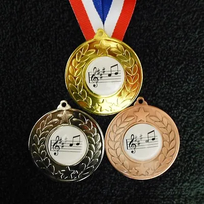 Music Notes Medal & Ribbon Engraved Club School Award Talent Show Trophy 50mm • £3.50