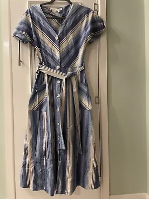 Warehouse Cotton Blue Stripe V Neck Midi Button Front Dress Size 10 • £9.99