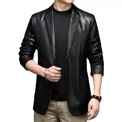 Fashion Mens Business Dress Formal Pu Leather Jacket Single Breasted Blazer Coat • $89.31