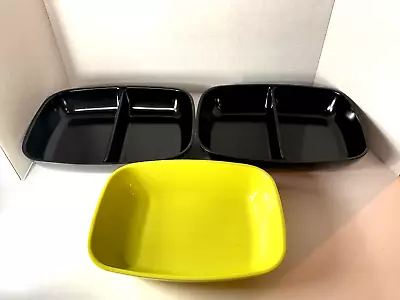 3 Vintage Brookpark Melmac Melamine Black & Chartreuse Two Divided SERVING BOWLS • $52.25