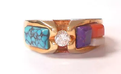 3.75mm Diamond 14K Yellow Gold Opal Coral Multi Stone Mens Band Ring Size 10 • $599