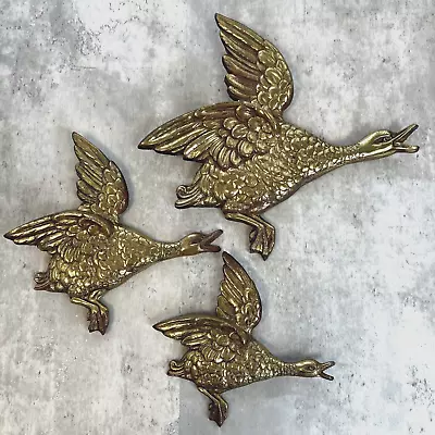 Vintage 1960s 3 Heavy Brass Flying Ducks Wall Trio Prop Retro Ornaments Bird • £40