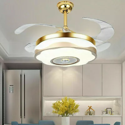 Gold 42 Inch Invisible Ceiling Fan Light LED Chandelier Lamp Dimmable W/ Remote • $73.15