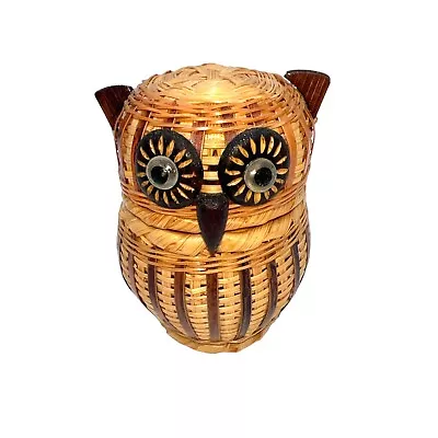 Vintage Mid Century Woven Wood Wicker OWL Bird Animal Lidded Basket Box 3 1/2  • $16