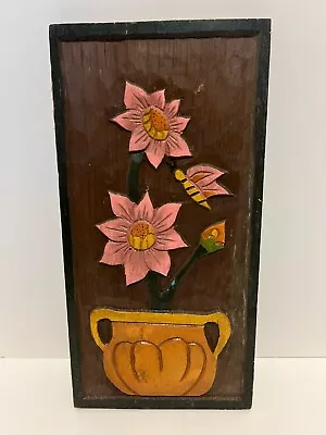 Vintage Wood Hand Carved Folk Art Pink Flowers Mexico Bas Relief  Butterfly • $75