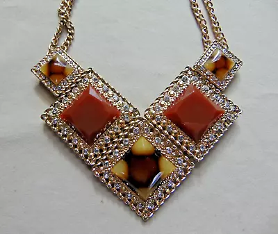 Costume Jewelry Necklace Vintage Designer Style 15  Chain Brown Colored 5 Panel • $20.40