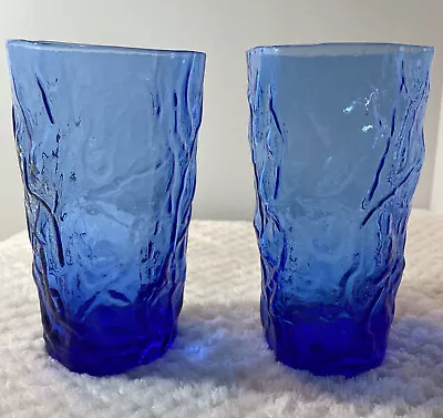 2 Blue CRINKLE GLASS Tumblers DRINKING GLASSES Morgantown DRIFTWOOD 5 1/2  12oz • $27