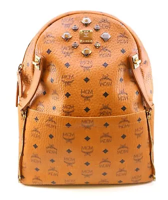 MCM Cognac Napa Leather Dual Stark 16in Backpack Travel  Bag Spikes • $499