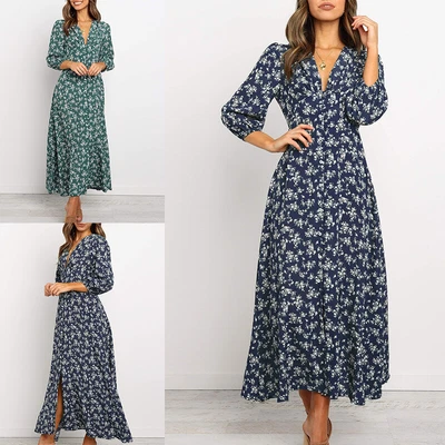 $33.99 • Buy Women Maxi Dresses V Neck Long Dress Ladies Hawaiian Sleeve Party