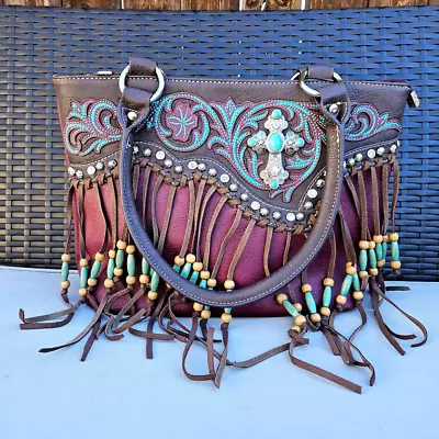 Montana West Leather Fringe Purse Native American Beaded Western Bag Burgundy • $49.99