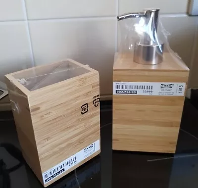 IKEA Bamboo Square Soap Dispenser NEW & Toothbrush Holder Dragan • £5