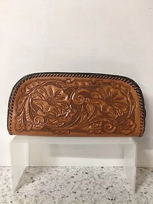 Vintage Tooled Leather 11  Clutch Purse With Wrist Strap With Floral Design • $39.99