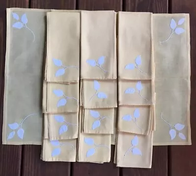 Vintage Set 12 Yellow & White Embroidered Linen Napkins & Bread Basket Liner • $5.99