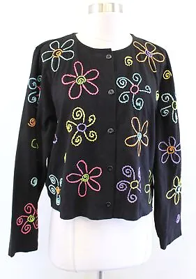Michael Simon Lite Black Floral Daisy Embroidered Cardigan Sweater Sz L Colorful • $29.99