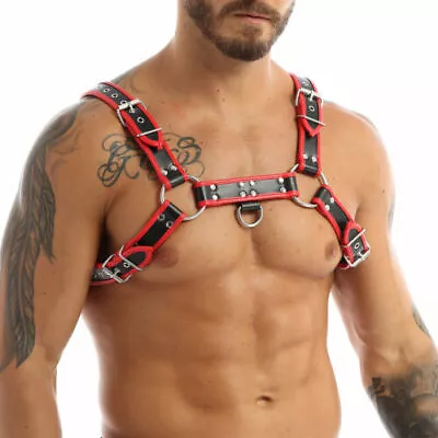 Male Sexy Red&Black Leather Bondage Chest Harness Strap Gay Lingerie Clubwear • £21.18