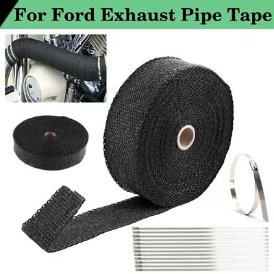 For Ford 50FT Car Fiberglass Exhaust Header Pipe Heat Wrap Tape With 12 Ties Kit • $18.04