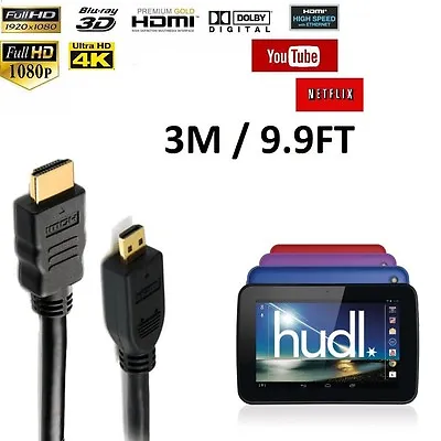 Premium 3m Long Micro HDMI To HDMI Cable Lead For Tesco Hudl & Hudl 2 HDTV 4K 3D • £3.95