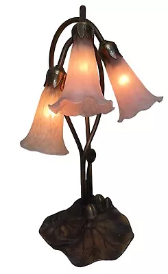 VTG Lily Pad 3 Light Table Lamp Pinkish Frosted Glass Shades Tiffany Style  • $119.99