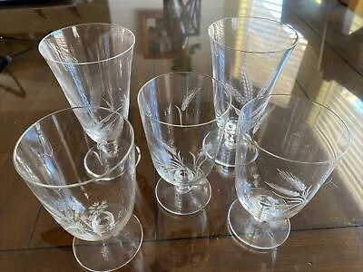 Lot 5 Vintage Fine Crystal Etched Wheat Short Stem Goblet Floral Glasses Snifter • $12.99