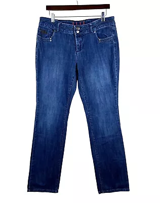 Women’s ELLE Jeans  Dark Blue Denim 5 Pockets Brown Decorative Stitching 12 • $11.99