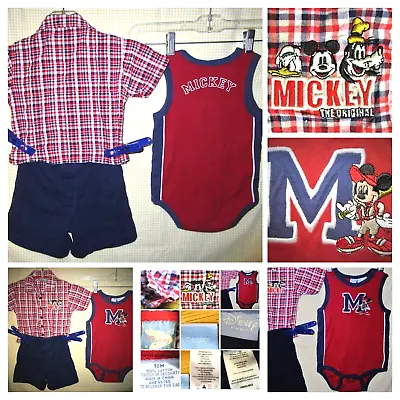 3-Pc LOT Mickey Mouse Boys Outfit: Shorts One-pc Shirt DISNEY Red Toddlers 18M • $19.89