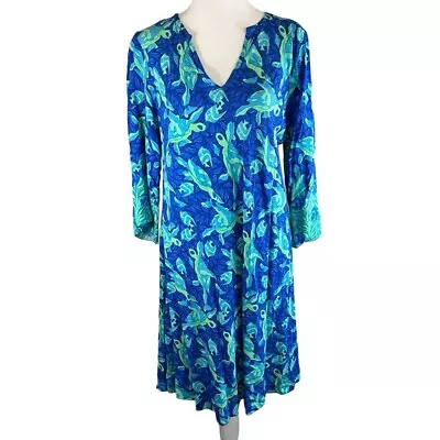 Vintage RAINBOW JO Hawaii 3/4 Sleeve Cover-Up Shift Beach Dress Sea Turtle Print • £37.64