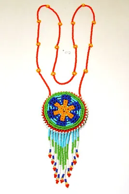 Unisex 2.25  Dia Beaded Rosette Medicine Bag / Coin Purse Necklace Regalia #02 • $24.95