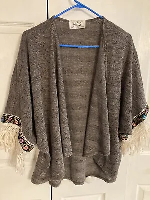 Va Va By Joy Han Boho Taupe Fringe Embroidered Waterfall Open Cardigan Wrap XS • $15