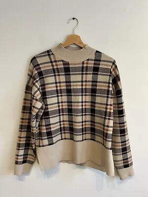 Max Studio Womens Beige Round Neck Plaid Viscose Pullover Blend  Jumper Size L • £14.99