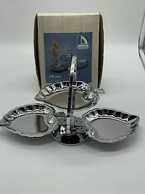 3 Tier Vintage Folding Silver Tone Metal Dessert Serving Tray Leaf Scallop Edge • $25