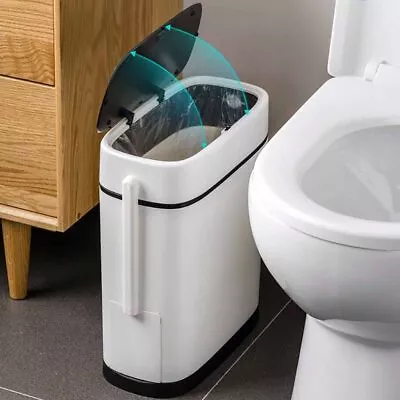 Slim Dustbin Lidded Garbage Bin Bathroom Trash Can W/ Toilet Brush Waste Basket • £13.94