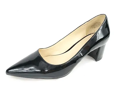 NINE WEST Size 7M Black Patent Leather Pointed Toe Block Heels Shoes • $38