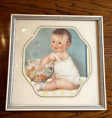 Vintage Framed Print Of A Baby W/hand In Fishbowl 10.5  X 10.5  Charlotte Becker • $14