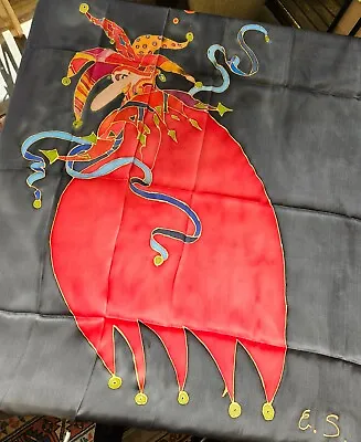 Vintage Hand Painted Silk Scarf Jester E.S. 1999 Mardi Gras Wearable Art NWOT • $19