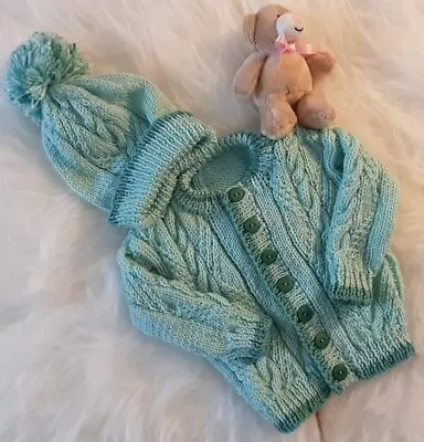 Hand Knitted Dk Baby Cardigan And Hat 3-6 Months • £9.95