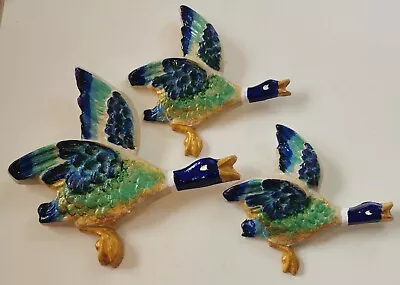 £59.99 • Buy Flying Ducks Plaster Wall Hanging Plaques Handmade In UK Green Blue 50's Retro