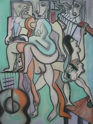 Cubist Abstract Mixed Media Painting  Mid Century Modern Original  Signed  • $249.90